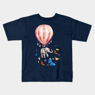 elephant flies with a balloon and a butterfly Kids T-Shirt